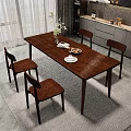Modern Wooden Dining Table Set With Four Chairs And Vase Flowers Fruit Bowl