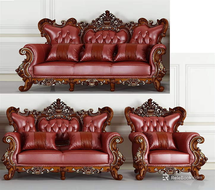 Classic Red Leather Sofa Set with Ornate Carved Wooden Frame and Plush Cushions 3d model 