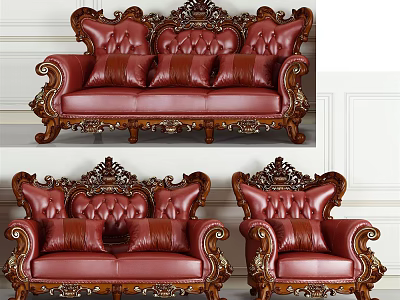 Classic Red Leather Sofa Set with Ornate Carved Wooden Frame and Plush Cushions 3d model