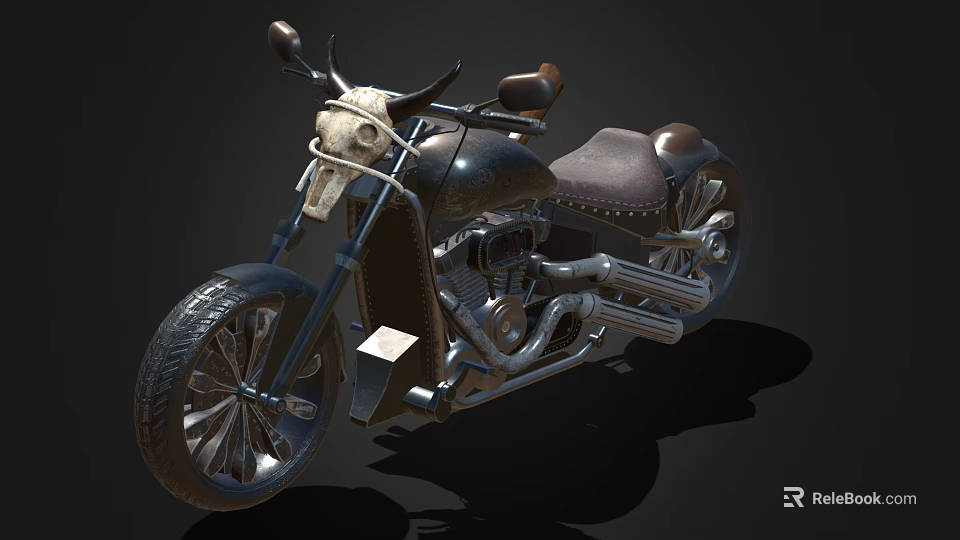 Vintage Motorcycle With Leather Seat Chrome Details Skull Decoration And Large Wheels 3d model 
