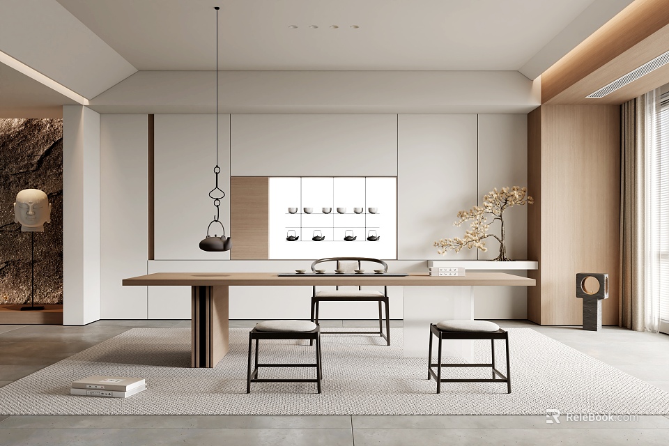Modern Minimalist Tea Room Interior With Long Wooden Table Black Chairs And Hanging Lamps 3d model 