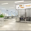 Modern Restaurant Interior With Long Buffet Counter Circular Serving Stations Tables And Large Windows 3d model