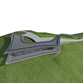 Modern Architectural Building With Curved Roof Structure On Green Grass Hillside