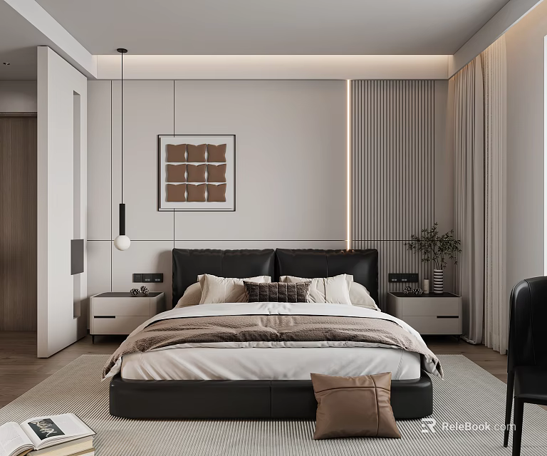 Modern Minimalist Bedroom Interior Design With Black Headboard Nightstands Decorative Painting And Curtains 3d model 