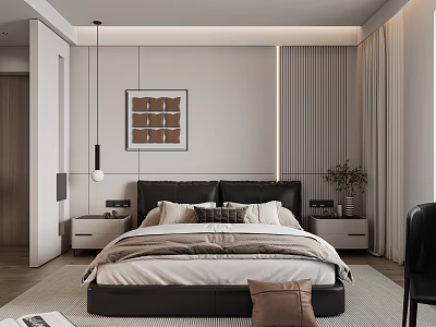 Modern Minimalist Bedroom Interior Design With Black Headboard Nightstands Decorative Painting And Curtains 3d model