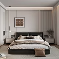 Modern Minimalist Bedroom Interior Design With Black Headboard Nightstands Decorative Painting And Curtains