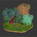 Colorful Cartoon Scene with Lush Green Trees Brown Trunk Grass Flowers and Rocks