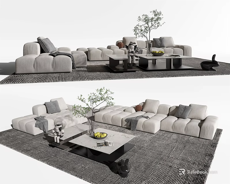 Modern Light Colored Sofa With Cushions And Black Coffee Table Set On Patterned Rug 3d model