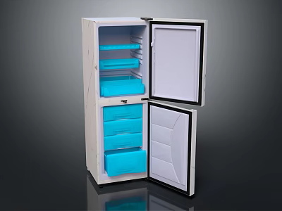 White Refrigerator Freezer With Open Door Revealing Blue Drawers Inside Two Door Modern Design 3d model