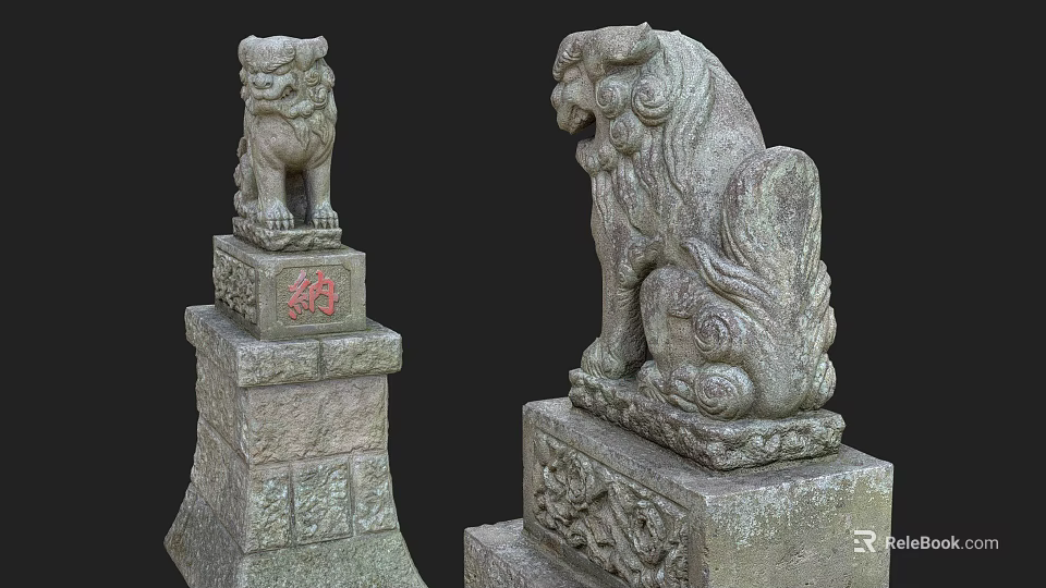Mythical Stone Lion Statues As Game And Movie Characters With Ancient Pedestal And Red Symbol 3d model 
