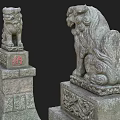 Mythical Stone Lion Statues As Game And Movie Characters With Ancient Pedestal And Red Symbol