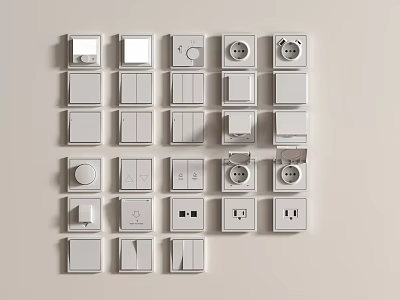 Various White Wall Mounted Switch Panels With Different Switches And Sockets 3d model