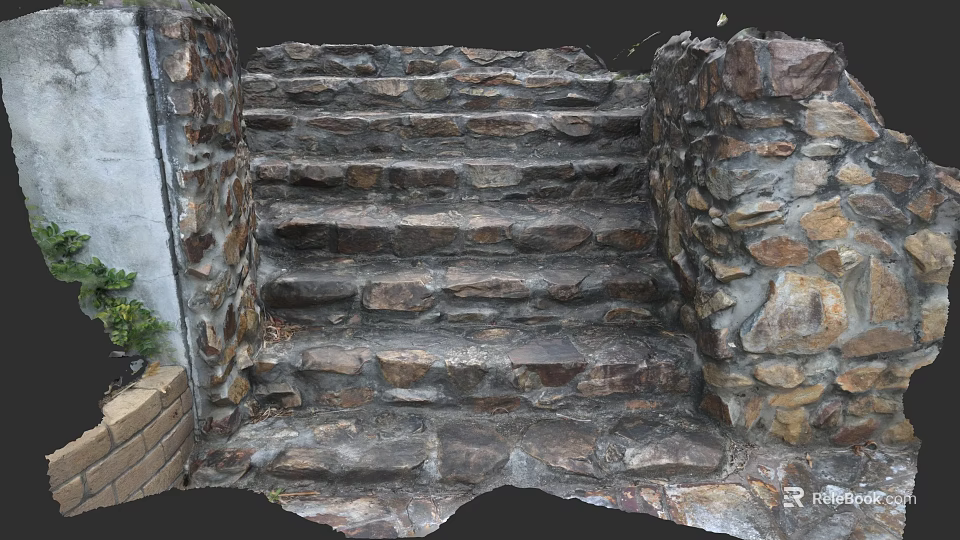 Natural Stone Masonry Steps With Rustic Side Walls And Greenery Accents 3d model 