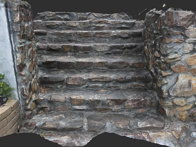 Natural Stone Masonry Steps With Rustic Side Walls And Greenery Accents 3d model