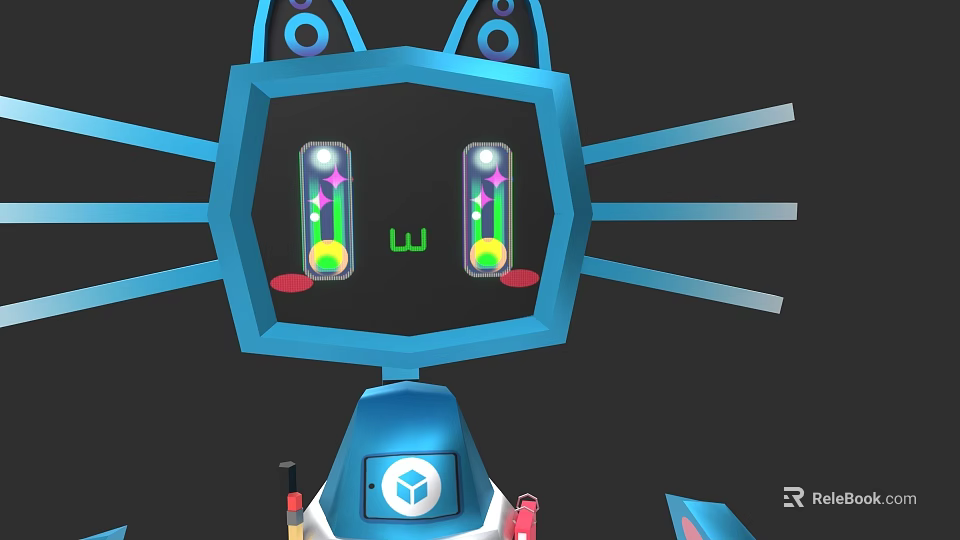 Blue Cartoon Robot Cat Game Character With Green Eyes And Whiskers 3d model 
