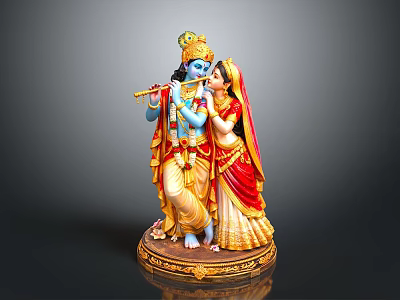 Krishna Radha Sculpture With Blue Skin Flute Red Gold Attire And Golden Decorative Base 3d model