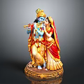 Krishna Radha Sculpture With Blue Skin Flute Red Gold Attire And Golden Decorative Base