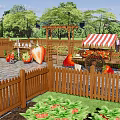 Scenic Park Landscape with Wooden Arbor Vines Giant Strawberry Models Fruit Stall and Green Trees
