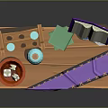 Wooden Table with Open Purple Book Green Books Blue Vase Red Bowl and Purple Cloth