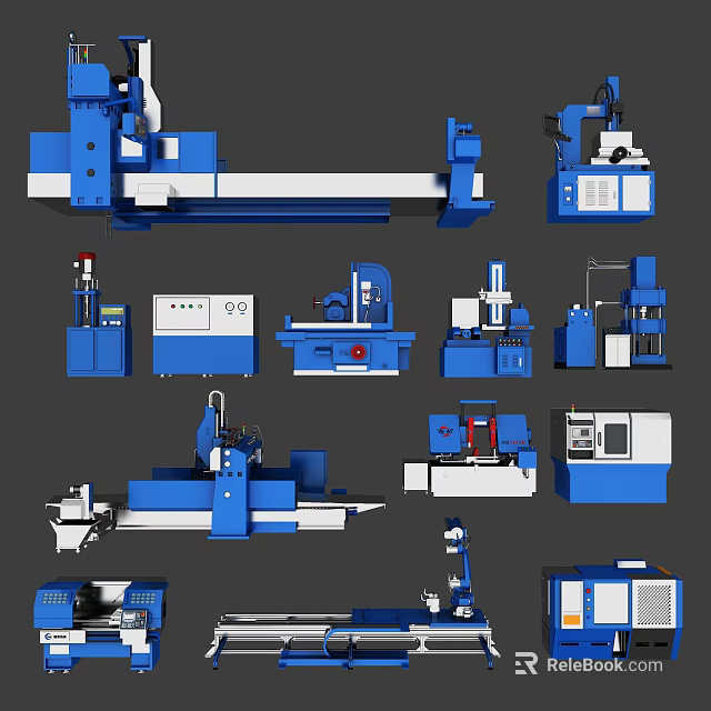 Blue Industrial Equipment Different Machinery Types Featuring Control Panels And Mechanical Components 3d model
