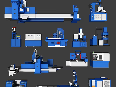 Blue Industrial Equipment Different Machinery Types Featuring Control Panels And Mechanical Components 3d model