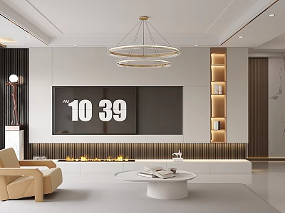 Modern Living And Dining Room Interior Design With Circular Chandelier Fireplace And TV Wall 3d model