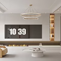 Modern Living And Dining Room Interior Design With Circular Chandelier Fireplace And TV Wall