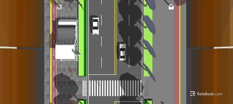 Urban Bus Station With Street Vehicles Pedestrian Crosswalk And Trees 3d model 