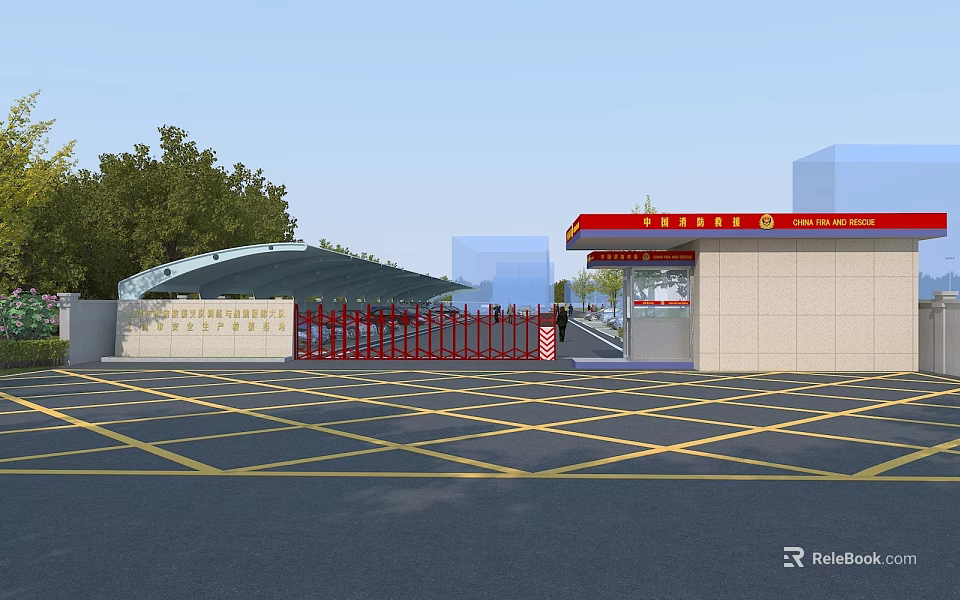 Entrance Gate With Guard Room And Yellow Grid Lines On Road Surface Design 3d model 