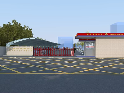 Entrance Gate With Guard Room And Yellow Grid Lines On Road Surface Design 3d model