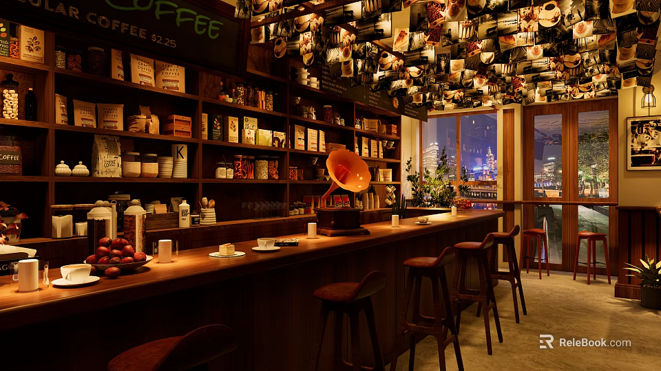 Cozy Coffee Shop Interior With Coffee Beans Cups Bar Counter And Stools 3d model 