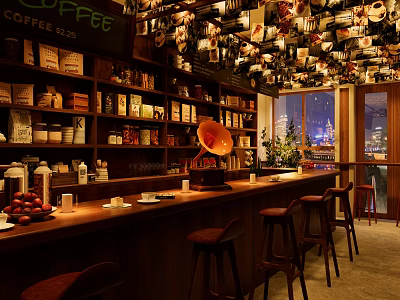 Cozy Coffee Shop Interior With Coffee Beans Cups Bar Counter And Stools 3d model
