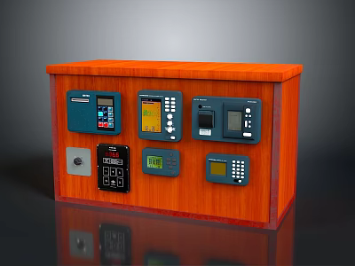 Computer Control Console With Orange Wooden Cabinet And Multiple Electronic Device Panels 3d model
