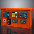 Computer Control Console With Orange Wooden Cabinet And Multiple Electronic Device Panels 3d model