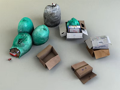 Green And Gray Garbage Bags With Open Cardboard Boxes And Waste Items 3d model