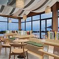 Modern Cafe Interior Design With Pendant Lights Large Windows And Wooden Tables Chairs