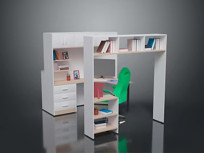 Functional White Study Desk With Green Chair And Storage Shelves 3d model