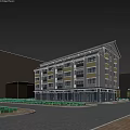 Modern Multi Storey Residential Building with Balconies Ground Floor Shops Greenery and Parking Area