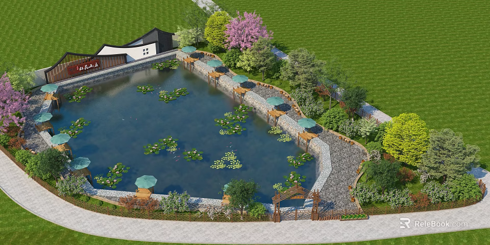 Beautiful Water Fountain with Lily Pads Green Lawn Trees and Stone Path 3d model 