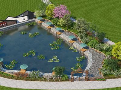 Beautiful Water Fountain with Lily Pads Green Lawn Trees and Stone Path 3d model