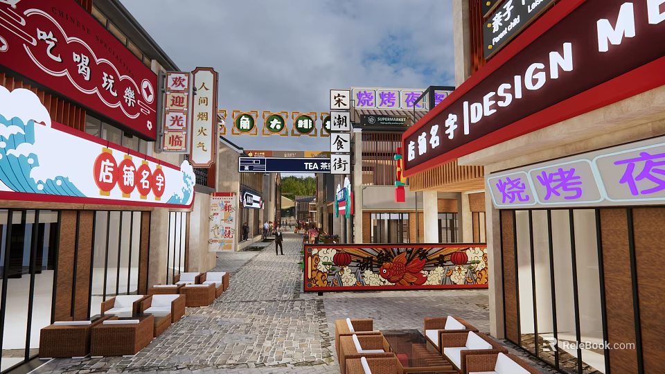 Vibrant Commercial Street With Traditional Chinese Signs Shops And Outdoor Seating 3d model 