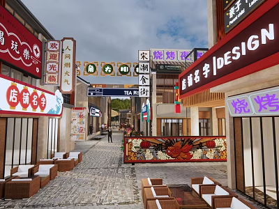Vibrant Commercial Street With Traditional Chinese Signs Shops And Outdoor Seating 3d model