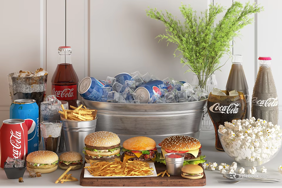 Delicious Fast Food Spread With Assorted Hamburgers Fries Coca-Cola Pepsi Ice And Popcorn 3d model 