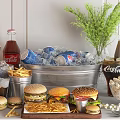 Delicious Fast Food Spread With Assorted Hamburgers Fries Coca-Cola Pepsi Ice And Popcorn
