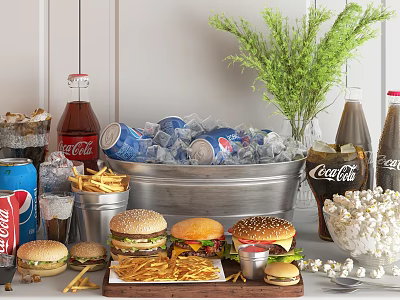 Delicious Fast Food Spread With Assorted Hamburgers Fries Coca-Cola Pepsi Ice And Popcorn 3d model