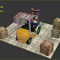 Yellow Forklift Transporting Wooden Crates On Tile Floor In Logistics Setting