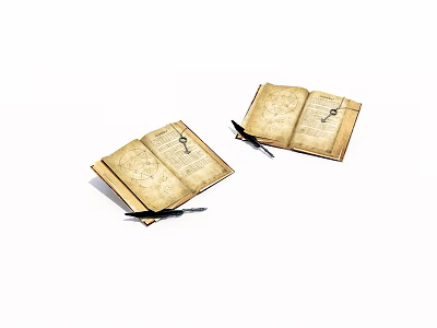 Old Open Books With Yellowed Pages And Feather Quill Pen 3d model