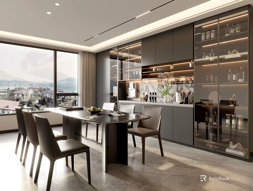 Modern Restaurant Interior With Large Windows Scenic View Dining Table And Glass Cabinets 3d model 