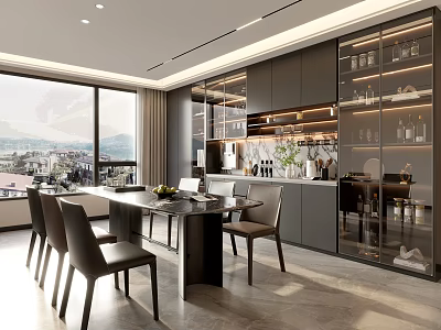 Modern Restaurant Interior With Large Windows Scenic View Dining Table And Glass Cabinets 3d model