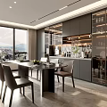 Modern Restaurant Interior With Large Windows Scenic View Dining Table And Glass Cabinets